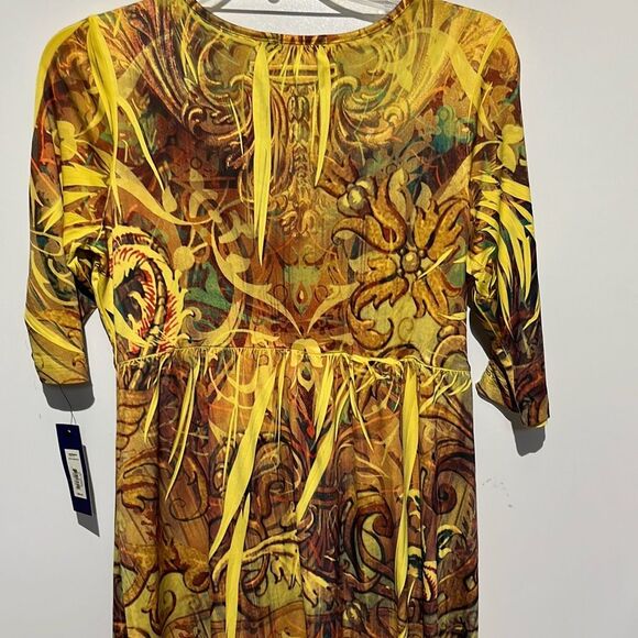 APT 9 Womens Yellow Browns Paisley Scoop Neck Short Sleeve Mini Dress Medium NWT - Picture 6 of 7